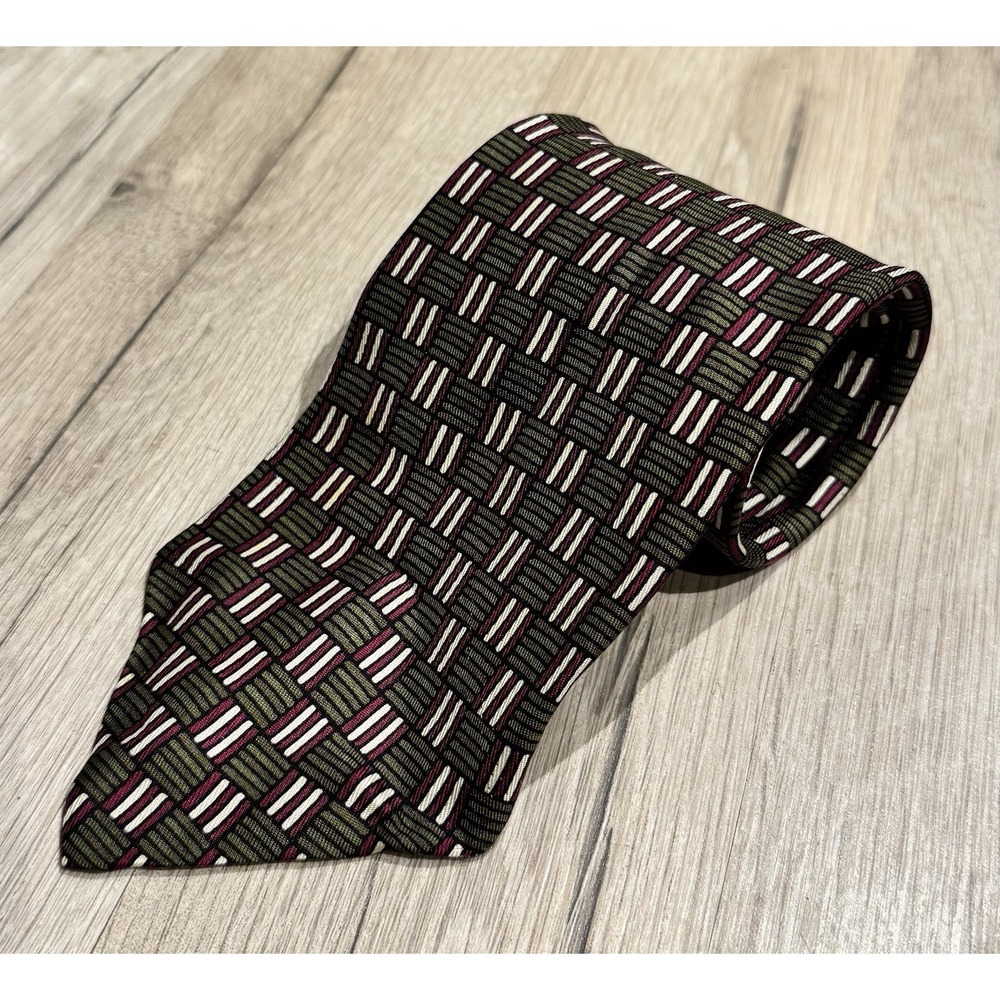 Mark Cross 100% Silk Green/Burgundy/White Geometric Woven Men's Classic Tie